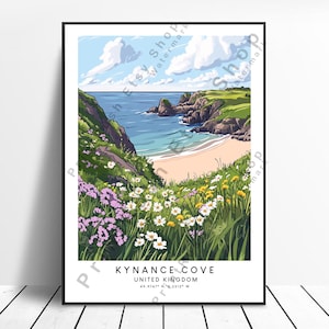 Póster de viaje de Cornualles para colgar en la pared, arte de pared de Kynance Cove, impresión colorida de Kynance Cove, ilustración para decoración del hogar, póster de Kynance Cove, regalo artístico