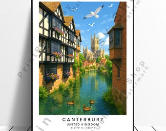 Canterbury Travel Poster Canterbury Illustration Art England Wall Art Home Décor Colourful Artwork Wall Hanging United Kingdom Poster Gift