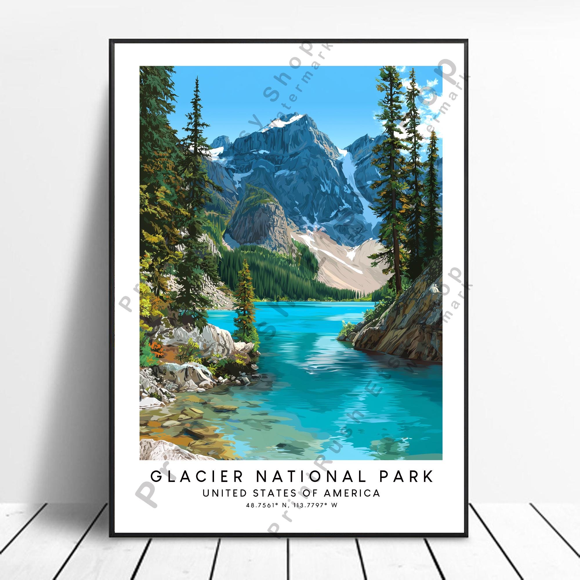 Glacier National Park Poster Montana Wall Art Print Mountain Lake ...