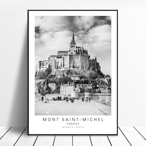 Impressão de viagem Mont Saint-Michel França Impressão em preto e branco Mont Saint-Michel Le Mont-Saint-Michel Arte de parede Pôster Presente