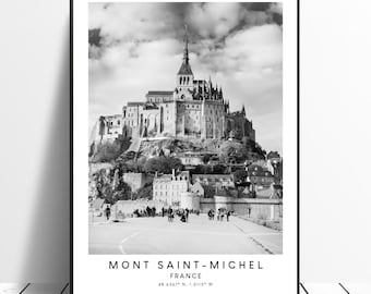 Mont Saint-Michel Francja Podróż Wydruk Czarno-biały Mont Saint-Michel Wydruk Le Mont-Saint-Michel Sztuka Ścienna Plakat Prezent