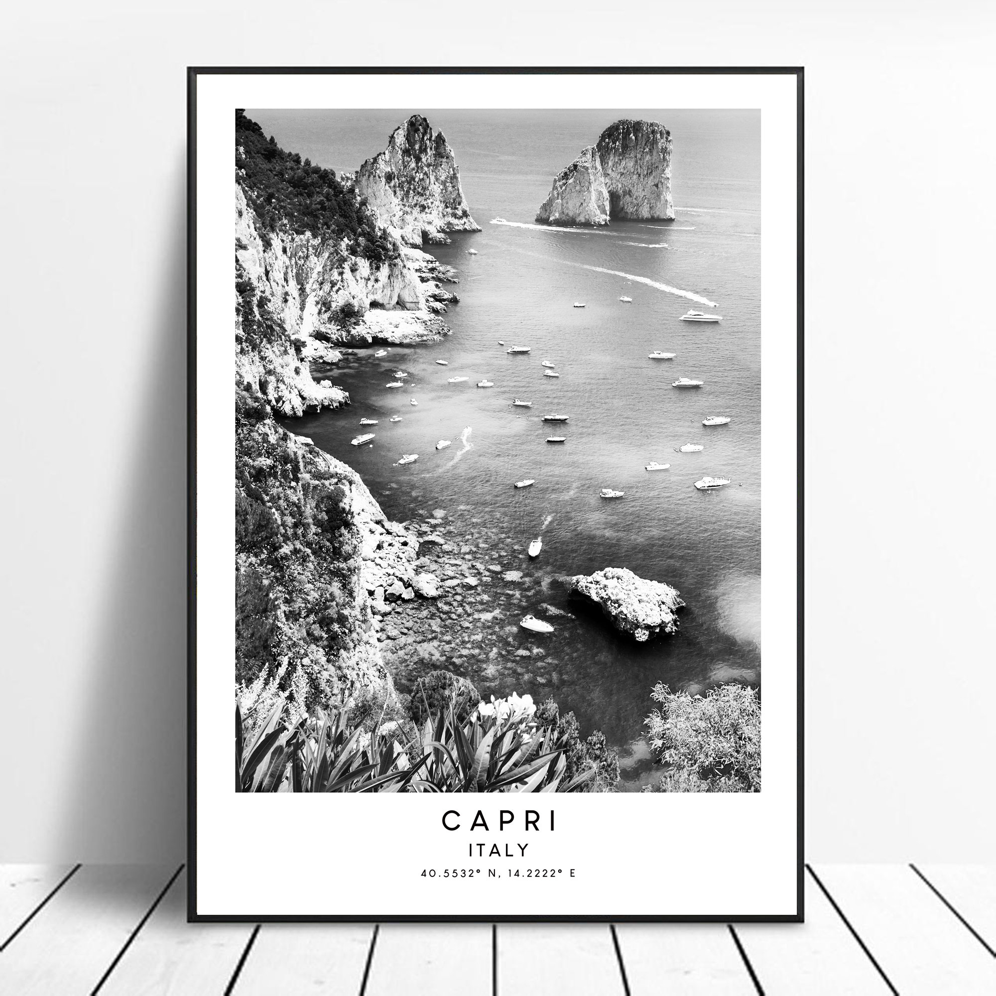 Capri Italy Travel Print Black and White Capri Island Poster Landmark  Coordinates Minimalist Wall Art Décor Holidays Gift 