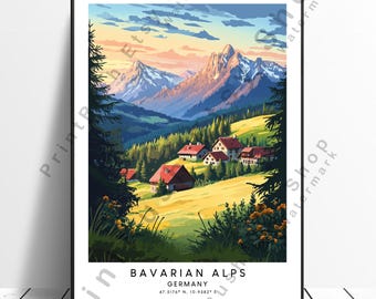 Bavarian Alps Print, Germany Mountain Landscape, Travel Poster