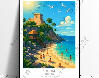 Tulum Illustration Art Meksyk Podróż Plakat Wystrój Domu Tulum Wydruk Ścienny Wystrój Ścienny Tulum Plaża Sztuka Wisząca Na Ścianie Prezent