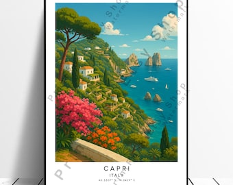 Capri Italy Travel Poster Amalfi Coast Art Print Mediterranean Seaside Illustration Art Italian Riviera Wall Decor Italy Home Artwork Gift
