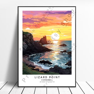 May include: A colourful illustration of a rocky coastline with a sunset over the ocean. The text "Lizard Point, Cornwall, 49.9593° N, 5.2065° W" is at the bottom of the image.