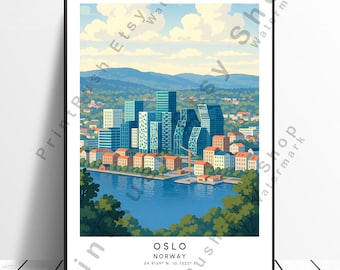 Illustrazione di Oslo, stampa artistica, Norvegia, decorazione murale colorata, poster di viaggio di Oslo, skyline di Oslo, arte per la casa, stampa murale di Oslo, opera d'arte con paesaggio urbano, regalo