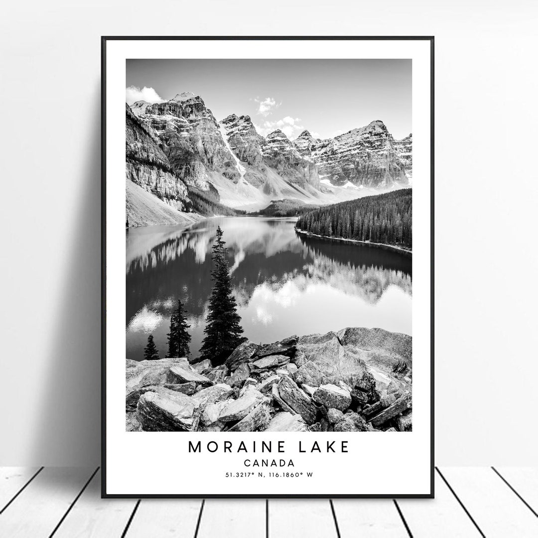 Canada Travel Print Black and White Moraine Lake Poster Moraine Lake