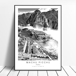Machu Picchu Travel Print Machu Picchu Wall Art Black and White Machu Picchu Poster Landmark Coordinates Minimalist Machu Picchu Gift Print