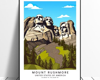 Mount Rushmore Travel Print Colourful Mount Rushmore Poster Mt Rushmore Print Minimalist Mt Rushmore Wall Art Print Gift Poster