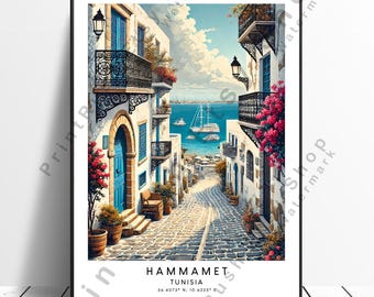 Hammamet, Tunisia - Stampa artistica da parete con poster del Mediterraneo, poster della costa tunisina, stampa artistica di viaggio di Hammamet, Tunisia, decorazione da parete della città costiera