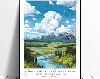 Kobuk Valley National Park poster Alaska reizen print arctisch landschap muur kunst wildernis illustratie decor cadeau