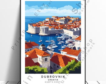 Croatia Dubrovnik Art Print Dubrovnik Cityscape Wall Art Croatia Harbor Illustration Nautical Coastal Poster Gift Dubrovnik Old Town Print