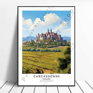 Póster de viaje de Francia, Carcassonne, arte de pared de Carcassonne, impresión de Carcassonne, colgante de pared, arte de Carcassonne, decoración del hogar, regalo colorido