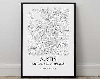 Austin Map Print Austin Texas Map Wall Art Poster Austin USA Travel Print Black and White Minimalist Wall Décor Gift