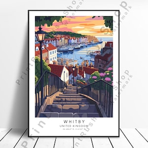 Illustrazione di poster di viaggio di Whitby, arte, arredamento per la casa, poster da parete di Whitby, arte dello Yorkshire, stampa di Whitby, arredamento inglese, opera d&#39;arte, regalo da appendere alla parete
