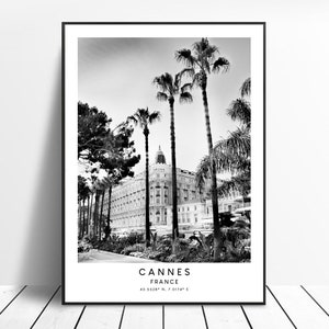 Cannes França Impressão de viagem em preto e branco Poster de Cannes Impressão da Riviera Francesa Coordenadas de Cannes Minimalista Decoração de arte de parede Impressão de presente de Cannes