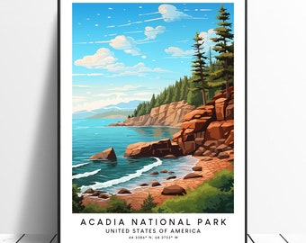 Acadia National Park Travel Print Colourful Wall Art Acadia National Park Home Décor Acadia Park Poster Wall Hanging Maine Print Gift Art