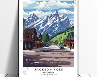 Wyoming Travel Print Jackson Hole Poster Wall Hanging Jackson Hole Wall Art Colourful Jackson Hole Print Home Décor Illustration Gift Art