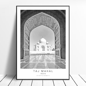 Taj Mahal India Art Print Black and White Taj Mahal Landmark Poster Taj Mahal Coordinates Print Minimalist Taj Mahal Wall Art