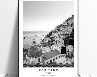 Positano Village Italy Print Black and White Amalfi Coast Poster Landmark Coordinates Minimalist Positano Wall Art Décor Positano Gift Print