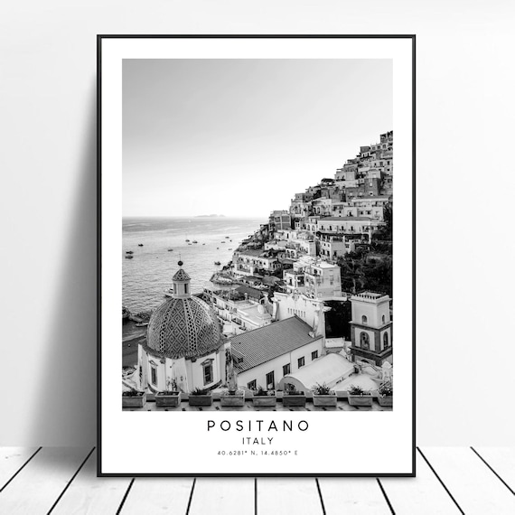 Positano Village Italy Print Black and White Amalfi Coast Poster Landmark Coordinates Minimalist Positano Wall Art Décor Positano Gift Print