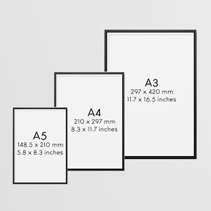 May include: Three black picture frames with white mats, labeled A3, A4, and A5. The frames are arranged in descending size order, with A3 being the largest and A5 being the smallest. The dimensions of each frame are listed in millimeters and inches.