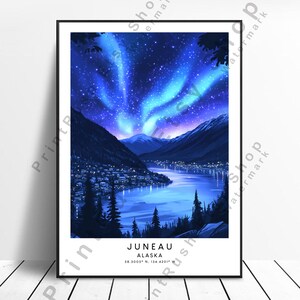 Juniau Alaska Poster Nordlichter Wandkunst Aurora Borealis Juniau Alaska Reise-Wand-Dekor Juniau Druck Alaska Illustration