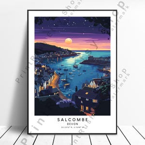 Salcombe Devon illustration Art Night Harbour Coastal Decor Salcombe Print Devon Poster Salcombe Wall Poster Wall Hanging Gift UK Wall Art