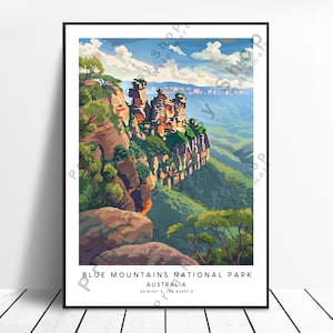 Blue Mountains Travel Print Blue Mountains Poster Wall Art Blue Mountains Wall Hanging Blue Mountains Australia Print Colourful Gift Art