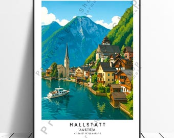 Hallstatt Austria Print Illustration Art Poster Europe Landscape Wall Art Austrian Mountain Wall Décor Alpine Lake Village Home Art Gift