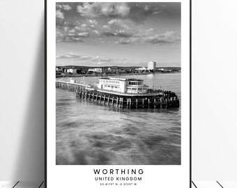 Worthing Travel Print Black and White Worthing Print Minimalist Worthing Wall Art Worthing Wall Print Worthing United Kingdom Poster