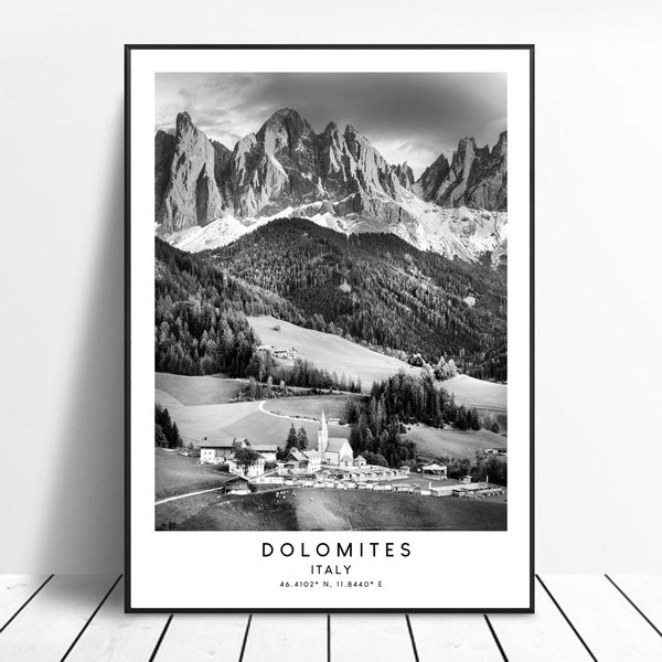 Impression voyage Dolomites Poster Dolomites noir et blanc Impression murale Dolomites Art mural minimaliste Dolomites Italie Impression cadeau Dolomites