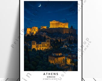 Athens Travel Print Athens Illustration Art Greece Poster Wall Décor Athens Wall Poster Landmark Art Athens Print Gift