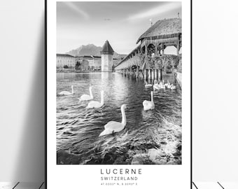 Pôster de Lucerna, Suíça, em preto e branco; Impressão minimalista de Lucerna; Arte de parede de Lucerna; Impressão de Lucerna; Impressão para presente de Lucerna