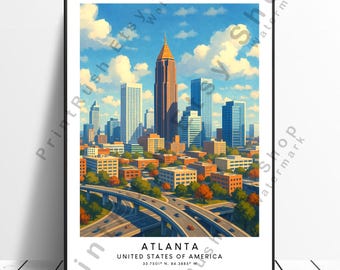 Atlanta Illustration Art Print Home Decor Atlanta Travel Poster Colourful Wall Art Atlanta Poster Atlanta Wall Print United States Artwork