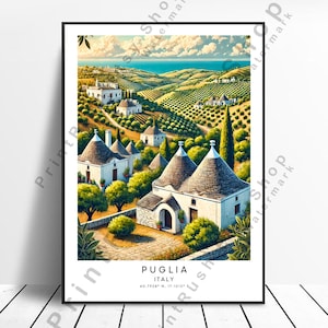 Puglia Italy Artwork Italy Travel Poster Puglia Illustration Puglia Countryside Landscape Italian Trulli Houses Italy Decor Puglia Print