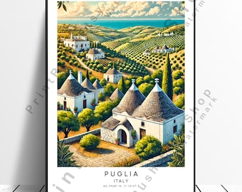 Puglia Italy Artwork Italy Travel Poster Puglia Illustration Puglia Countryside Landscape Italian Trulli Houses Italy Decor Puglia Print