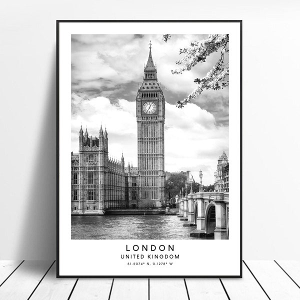 Londres Royaume-Uni Travel Print Noir et Blanc Big Ben Poster Londres Art Print Minimaliste Londres Wall Art Londres Affiche Londres Cadeau Art