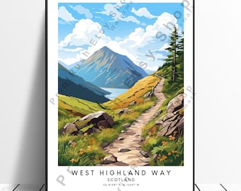 May include: A colorful illustration of a hiking trail in the Scottish Highlands. The trail winds through a lush green valley with a mountain in the background. The text "WEST HIGHLAND WAY SCOTLAND 56.8198° N, 6.1052° W" is at the bottom of the image.