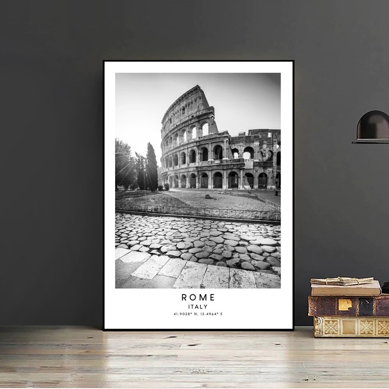 Rome Italy Travel Print Black and White Colosseum Print Landmark Coordinates Minimalist Rome Wall Art Rome Wall Poster Rome Gift Print image 2