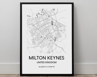 Milton Keynes Map Print Milton Keynes Town Map Wall Art Poster Milton Keynes Art Décor Milton Keynes Minimalist Travel Print Gift