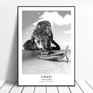 Krabi Thailand Reise Druck Schwarz und Weiß Krabi Poster Krabi Wahrzeichen Koordinaten Druck Minimalistische Krabi Wand Kunst Dekor Krabi Geschenk Druck