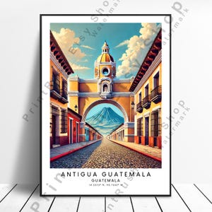 Antigua Guatemala Wall Art Guatemala Travel Poster Central America City Wall Decor Antigua Guatemala Cityscape Illustration Gift Poster