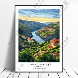 Póster de viaje de Portugal, ilustración artística, arte mural del valle del Duero, impresión mural del valle del Duero, póster mural del valle del Duero, decoración del hogar, regalo