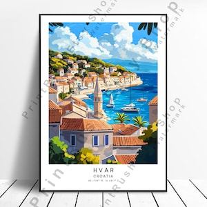 Hvar Croatia Illustration Mediterranean Poster Summer Wall Print Hvar Wall Art Croatia Vintage Travel Print Adriatic Coastal Décor Gift