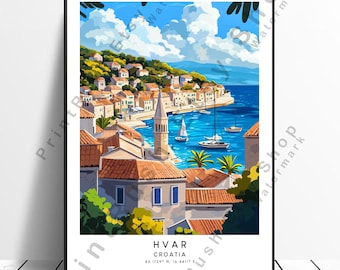 Hvar Croatia Illustration Mediterranean Poster Summer Wall Print Hvar Wall Art Croatia Vintage Travel Print Adriatic Coastal Décor Gift