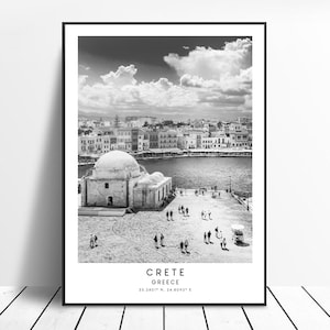 Crete Travel Print Black and White Crete Island Poster Greece Crete Wall Art Print Minimalist Landmark Coordinates Print Gift