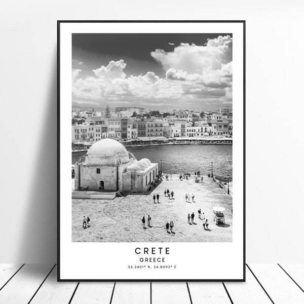 Crete Reise-Druck Schwarz-Weiß-Kreta-Insel Poster Griechenland Crete Wand-Kunst-Druck Minimalistischer Wahrzeichen-Koordinaten-Druck Geschenk