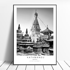 Impression de voyage de Katmandou au Népal, affiche de Katmandou noir et blanc, impression des coordonnées de Katmandou, décoration murale minimaliste de Katmandou, cadeau